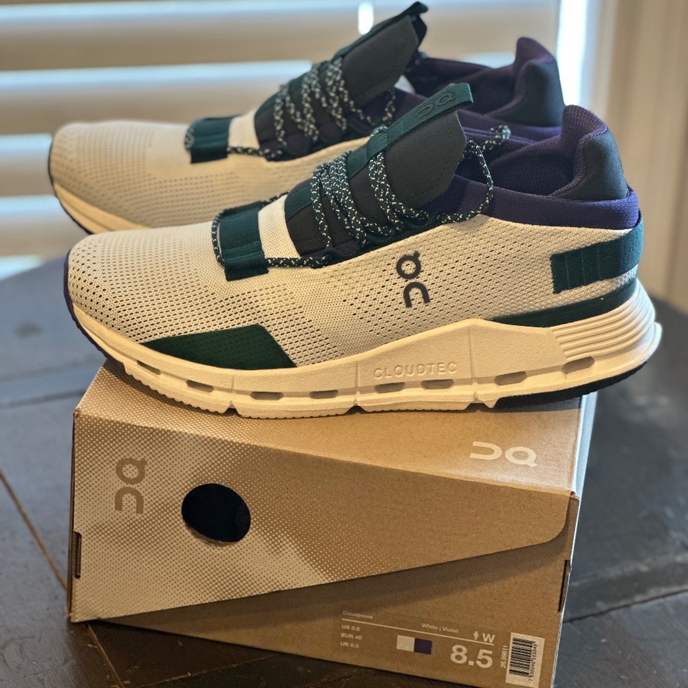 Women’s On Cloudnova White/Green/Purple Size 8.5